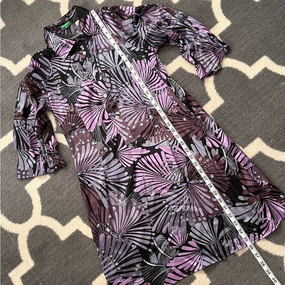 BENETTON purple print dress—cool botanical print silky tunic medium women’s - Picture 7 of 7